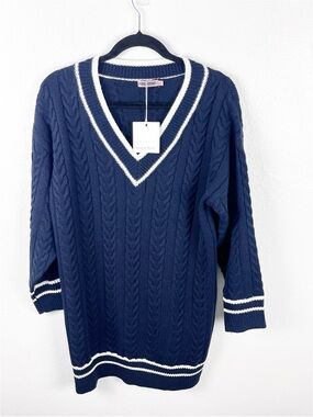 SKYLAR ROSE Navy Cable Knit Long Sleeves V-Neck Sweater Dress Size XS Preppy